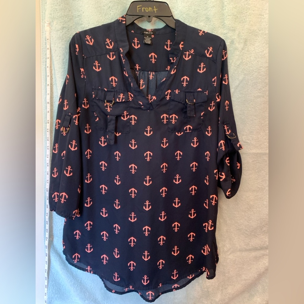 Rue21 Navy Blue and Pink 3/4 Sleeve Buttoned Blouse